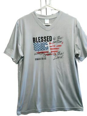 NWOT HEATHER GREY POLY BLEND V-NECK USA FLAG CROSS FAITH BIBLE T-SHIRT MED